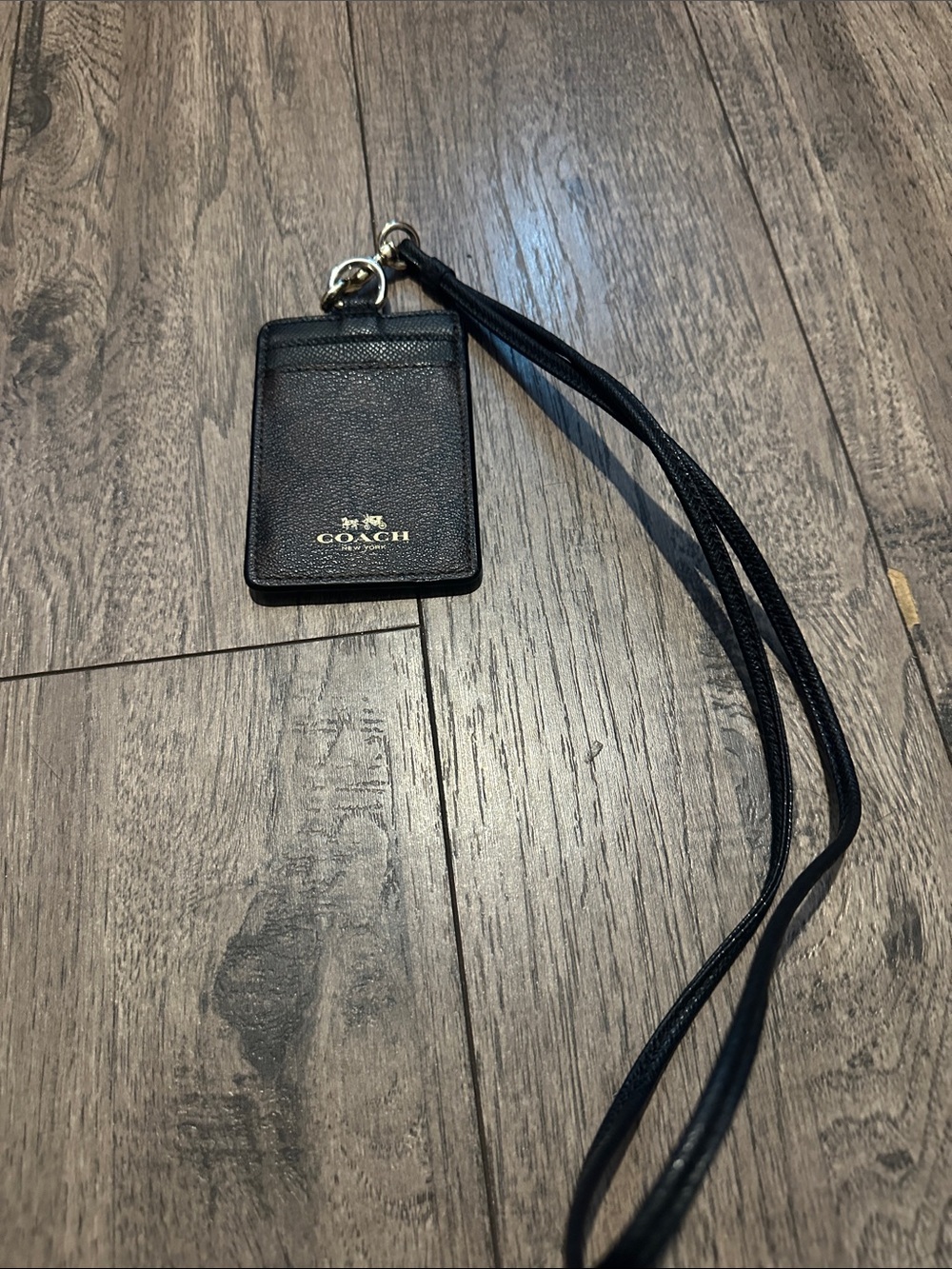 Coach Black Leather ID Card Holder Lanyard with Gold Logo